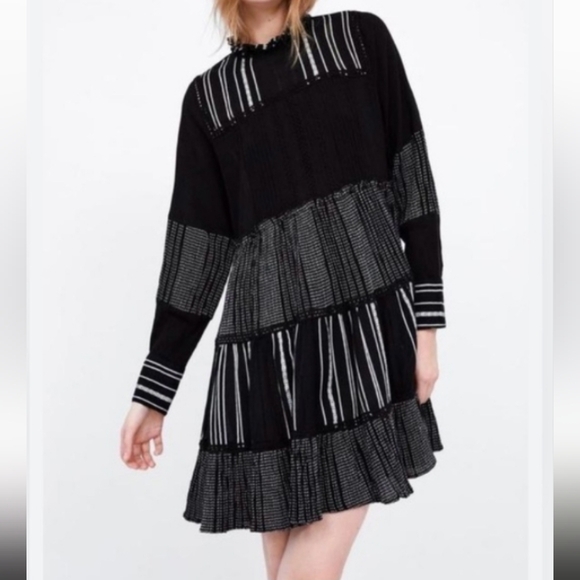 Zara Women Black White Tiered Swing Dress Long Sleeve Babydoll Size XXL - Picture 1 of 9